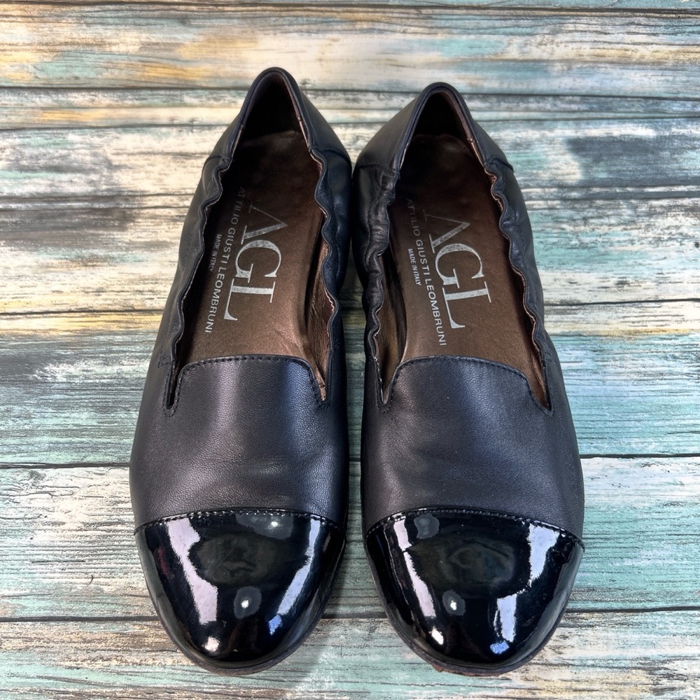 AGL Patent Cap Toe Ballet Flats Womens 8 Black Leather Stretch Trim Dress Shoes